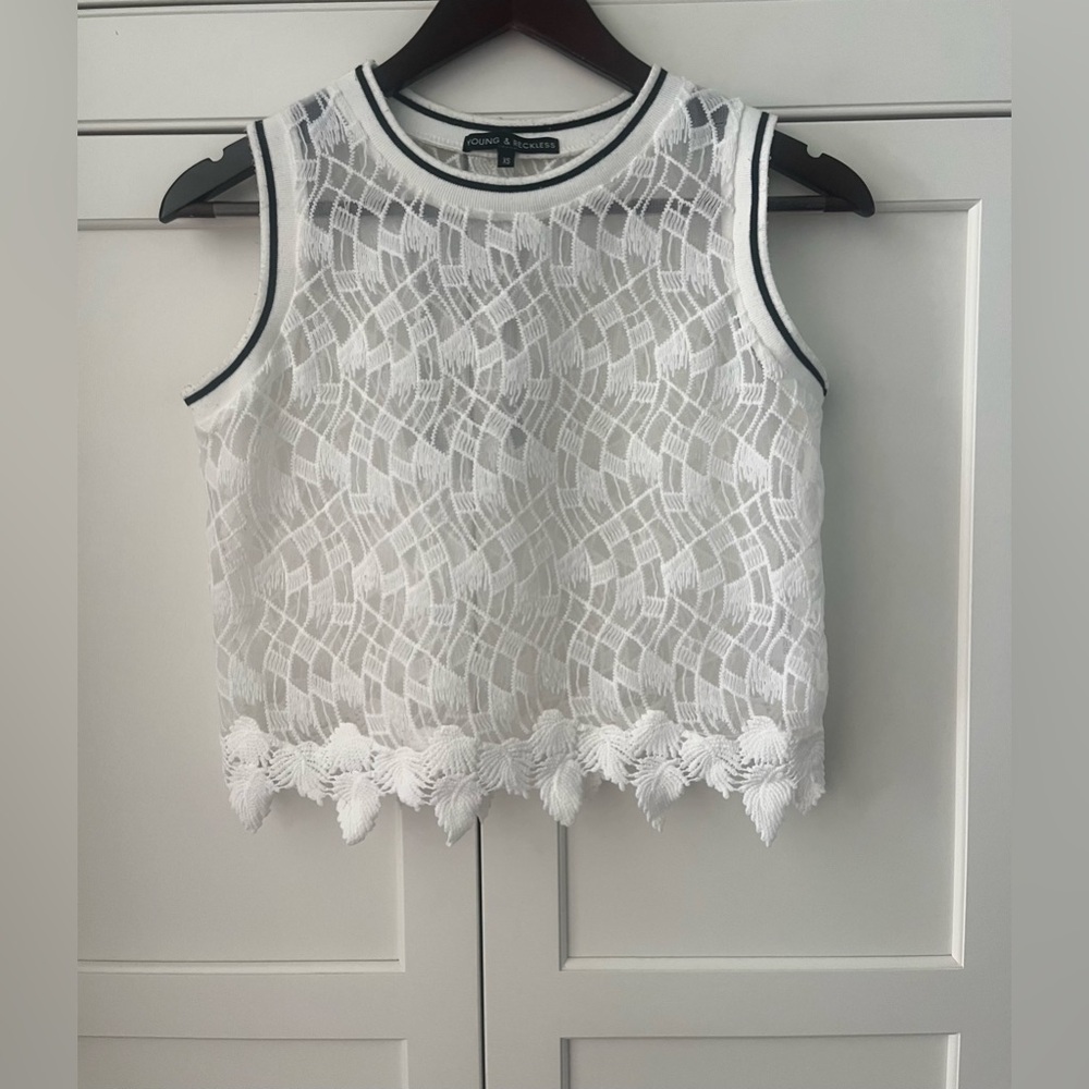 Young & Reckless White Black Romantic Feminine Lace Ruffle Embroidered top Sz. S